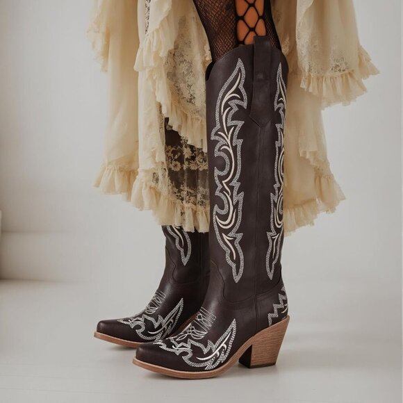 Women's Brown Western Cowgirl Knee High Embroidered Pointed Toe Chunky Heel Boot - Picture 3 of 6